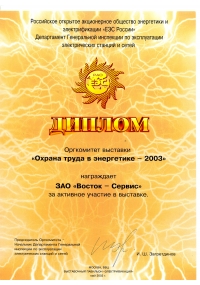 Диплом выставки «Охрана труда в энергетике-2003»