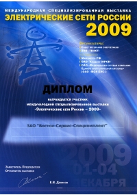 Диплом выставки «Электрические сети России-2009»
