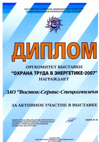 Диплом выставки «Охрана труда в энергетике-2007»
