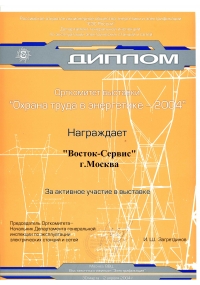 Диплом выставки «Охрана труда в энергетике-2004»