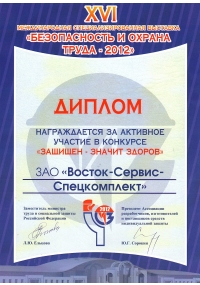 Диплом участника конкурса «Защищен — значит здоров» в рамках выставки БиОТ-2012
